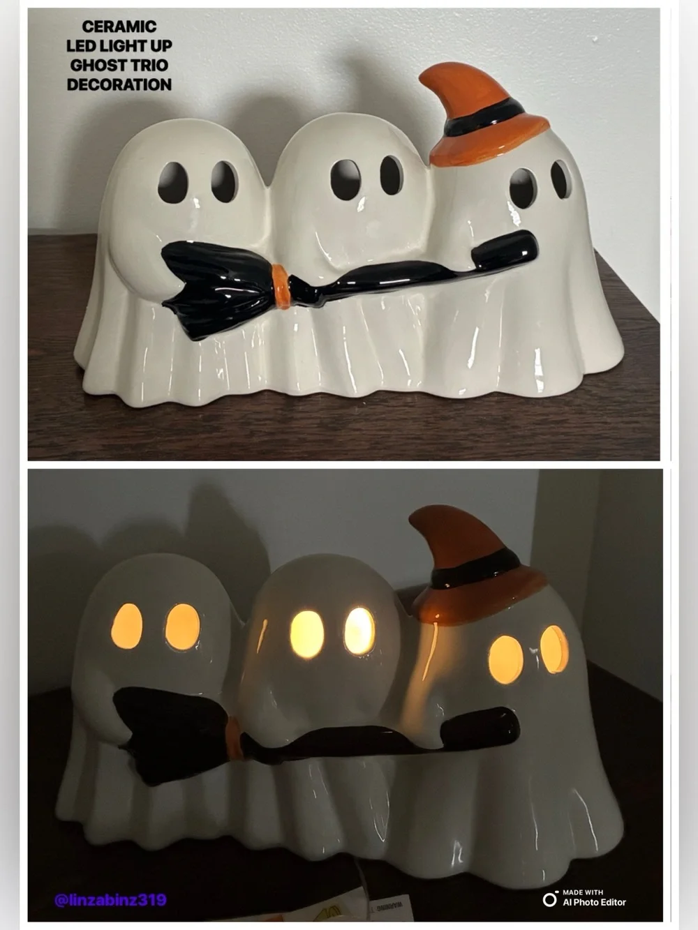 NWT- Ceramic LED LIGHT UP Ghost Trio Halloween Decoration